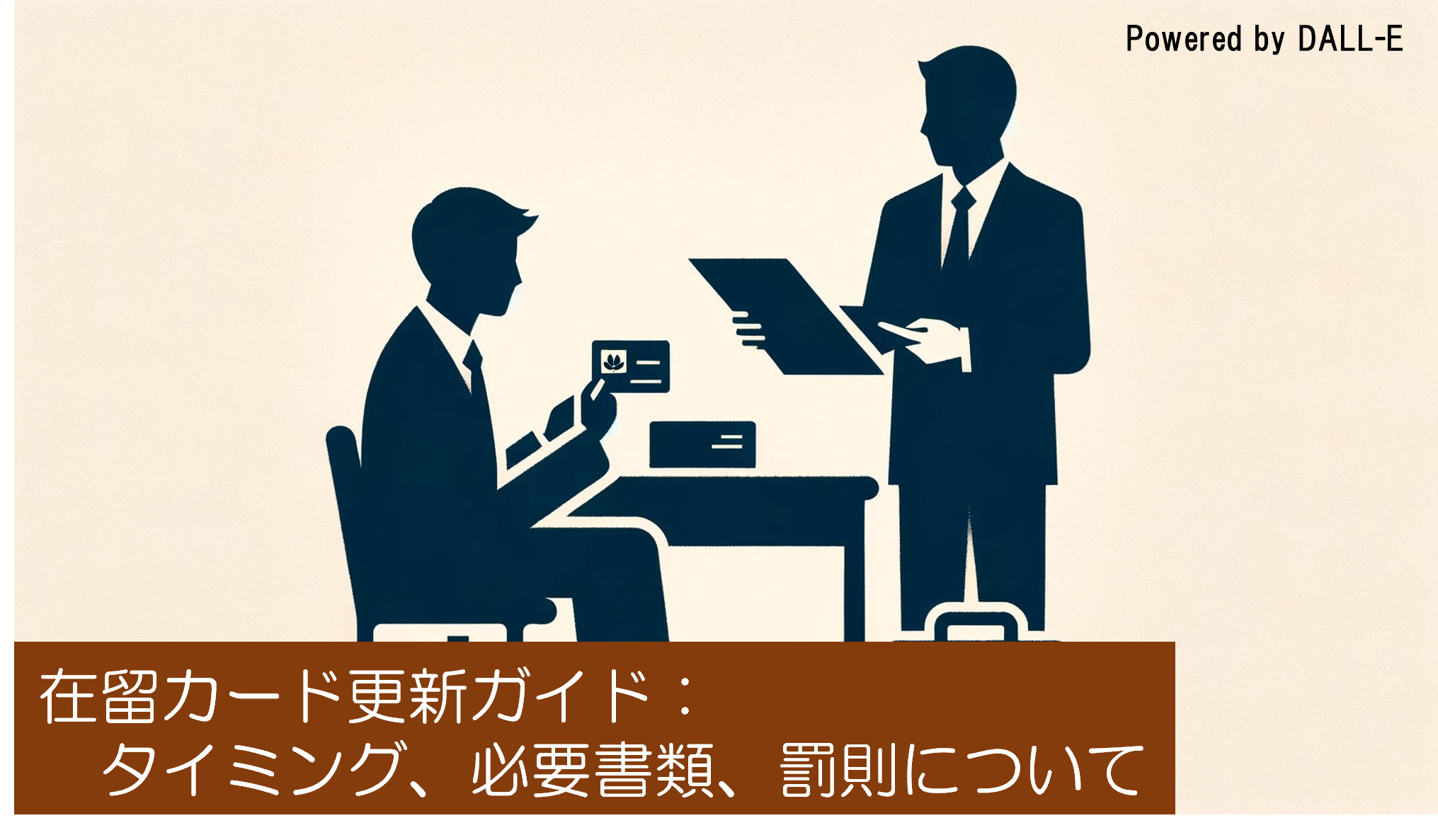 在留カードの更新手続きに取り組む1人の外国人労働者を描いたビジュアル。フォーム記入や公式との相談など、更新プロセスの個人的な側面を表現しています。